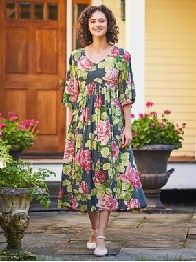April Cornell Grey Midi Dress with Pink and Green Rose Print